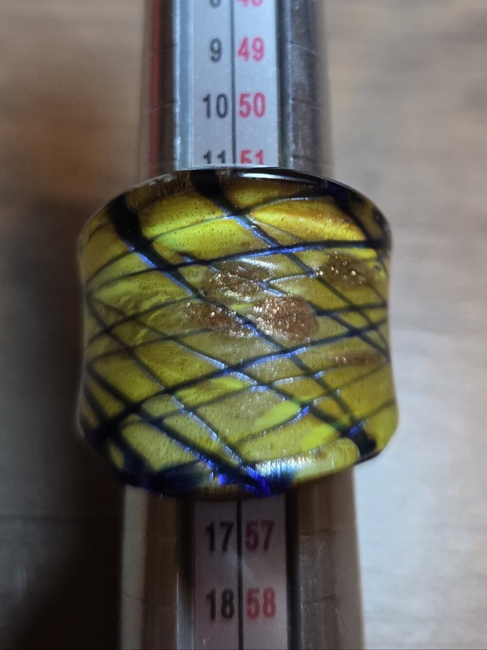 Yellow Glass Statement Ring with Blue Swirl Size 6.5